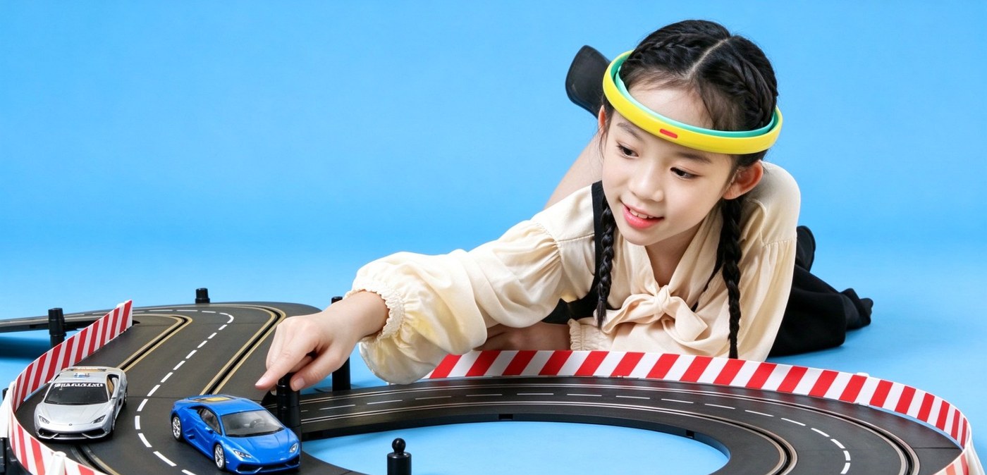 学生佩戴脑电头环进行脑控赛车互动